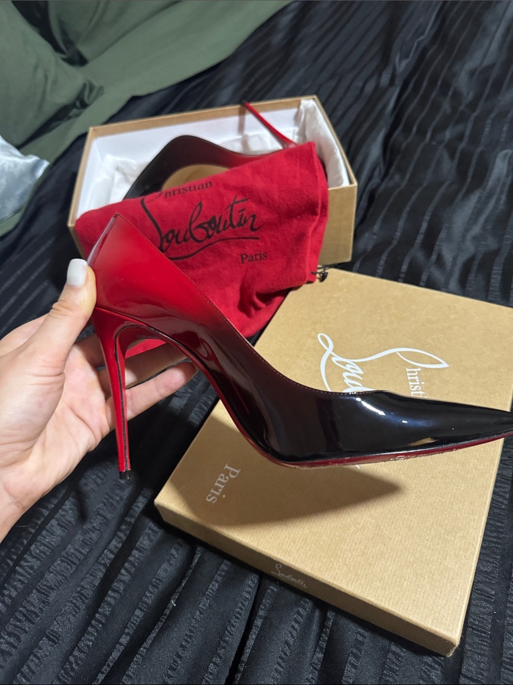 Christian Louboutin Two-Tone Patent Pumps in Red and Black - Picture 10 of 13